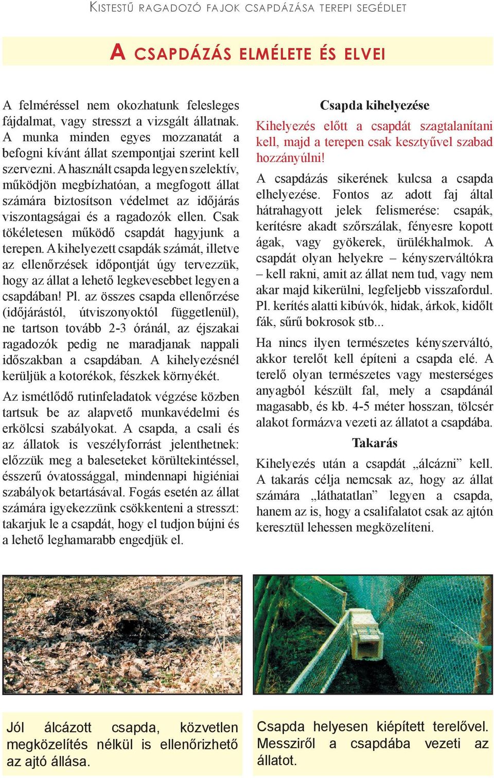A használt csapda legyen szelektív, működjön megbízhatóan, a megfogott állat számára biztosítson védelmet az időjárás viszontagságai és a ragadozók ellen.