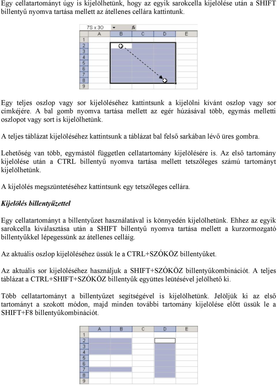 A bal gomb nyomva tartása mellett az egér húzásával több, egymás melletti oszlopot vagy sort is kijelölhetünk.