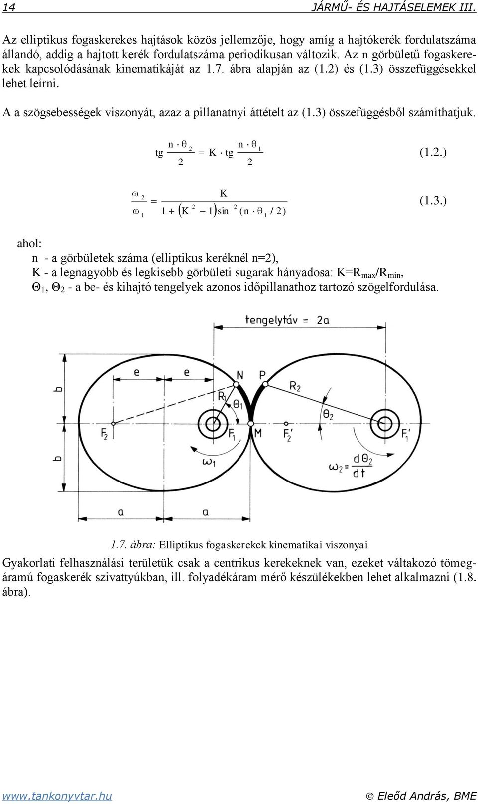 3) összefüggésből számíthatjuk. tg n n K tg 1 (1..) 1 1 K K 1 sin (n / ) 1 (1.3.) ahol: n - a görbületek száma (elliptikus keréknél n=), K - a legnagyobb és legkisebb görbületi sugarak hányadosa: K=R