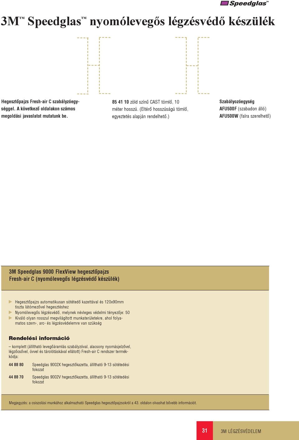 ) Szabályozóegység AFU500F (szabadon álló) AFU500W (falra szerelhetô) 3M Speedglas 9000 FlexView hegesztôpajzs Fresh-air (nyomólevegôs légzésvédô készülék) Hegesztôpajzs automatikusan sötétedô