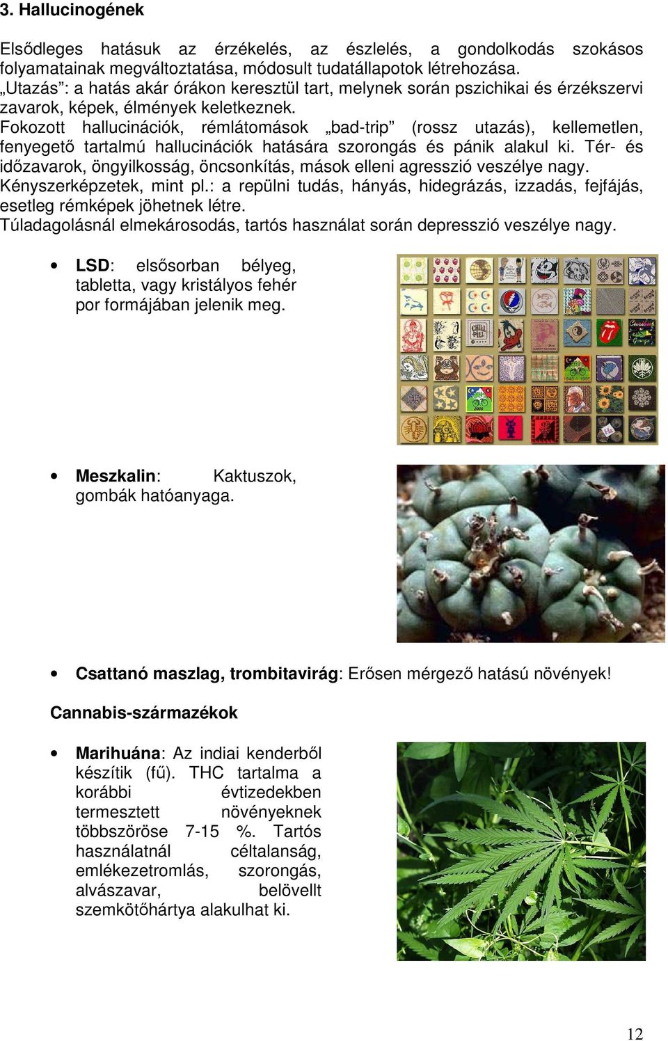 Fokozott hallucinációk, rémlátomások bad-trip (rossz utazás), kellemetlen, fenyegető tartalmú hallucinációk hatására szorongás és pánik alakul ki.