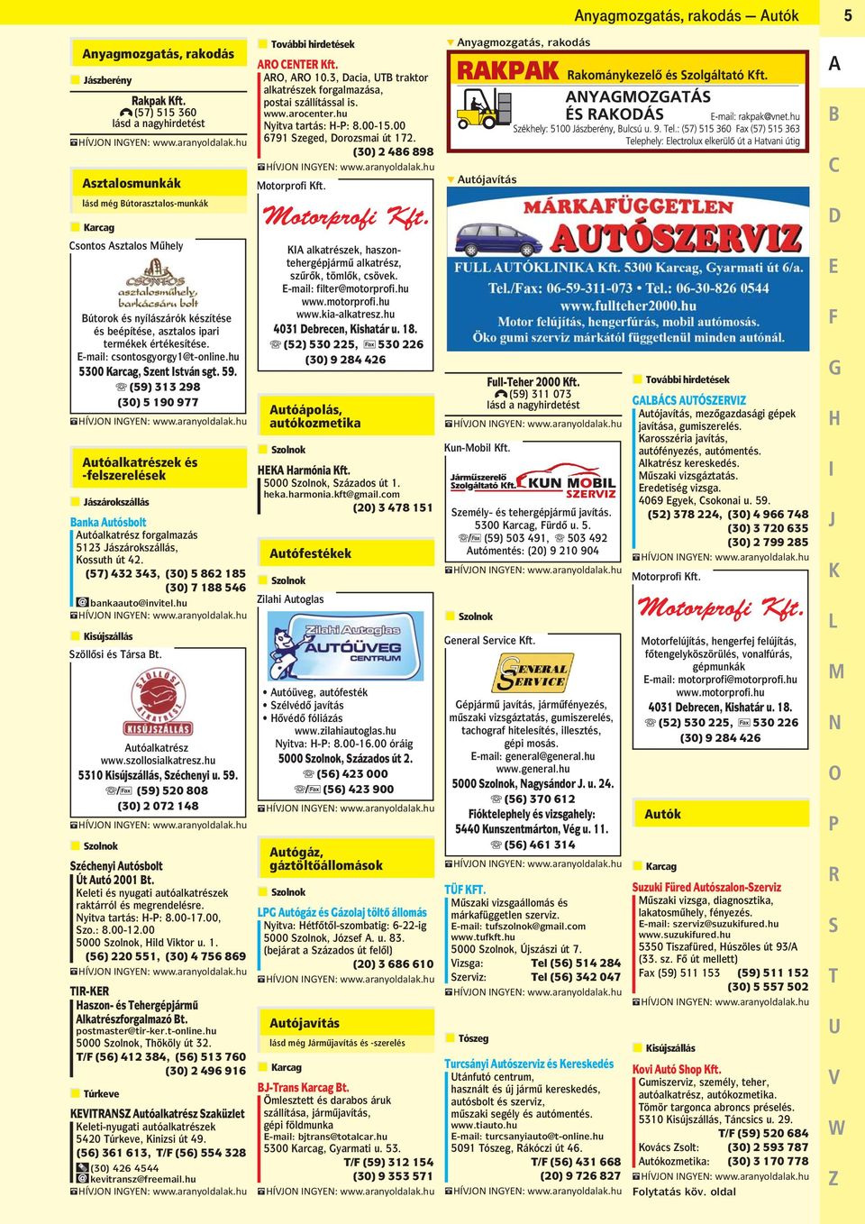 hu 5300 Karcag, Szent István sgt. 59. B (59) 313 298 (30) 5 190 977 Banka Autósbolt Autóalkatrész forgalmazás 5123 Jászárokszállás, Kossuth út 42.