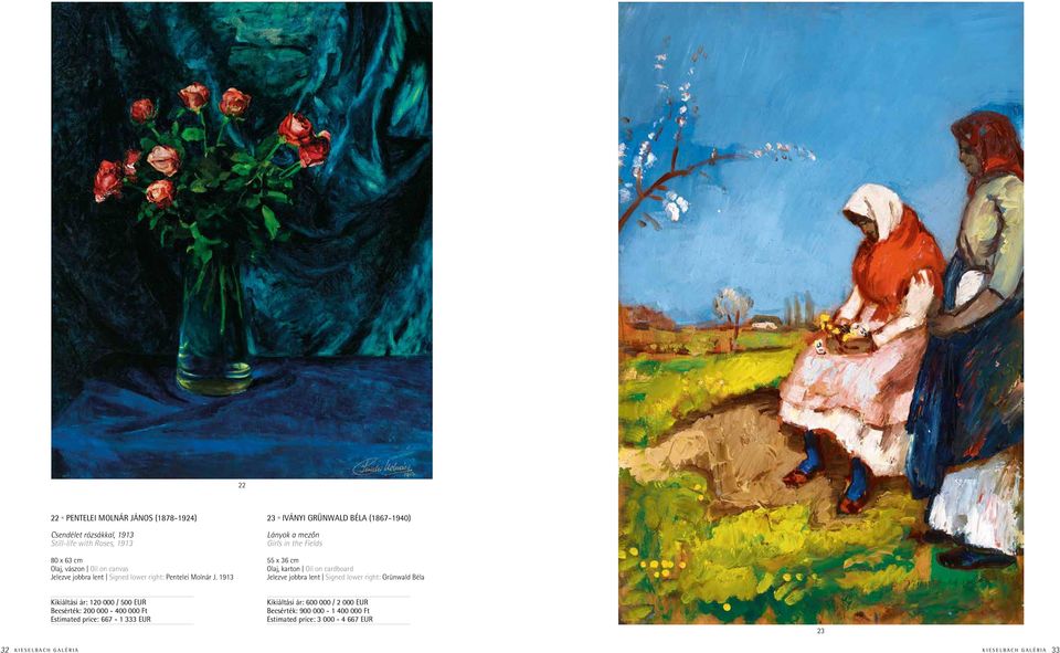 1913 23 n iványi grünwald béla (1867-1940) Lányok a mezőn Girls in the Fields 55 x 36 cm Olaj, karton Oil on cardboard Jelezve jobbra lent