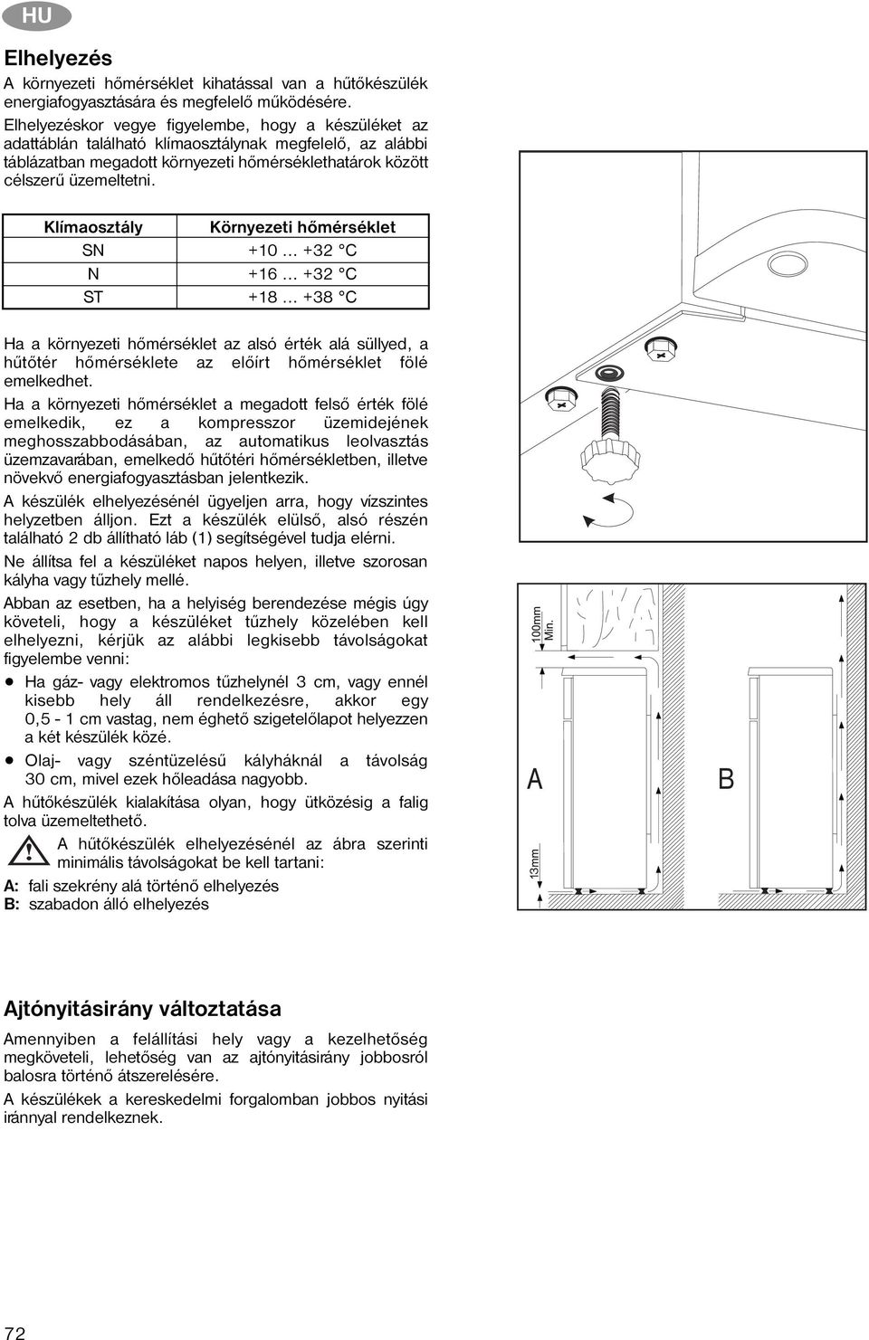 Klímaosztály Környezeti hõmérséklet SN +10 +32 C N +16 +32 C ST +18 +38 C Ha a környezeti hõmérséklet az alsó érték alá süllyed, a hûtõtér hõmérséklete az elõírt hõmérséklet fölé emelkedhet.