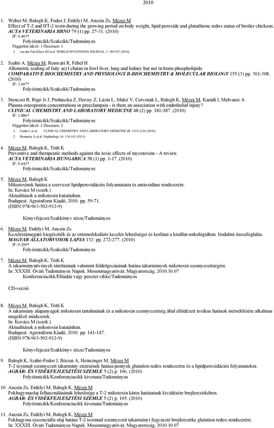 ACTA VETERINARIA BRNO 79:(1) pp. 27-31. (2010) IF: 0.403* 1 van der Fels-Klerx HJ et al WORLD MYCOTOXIN JOURNAL 3: 349-367 (2010) 2.
