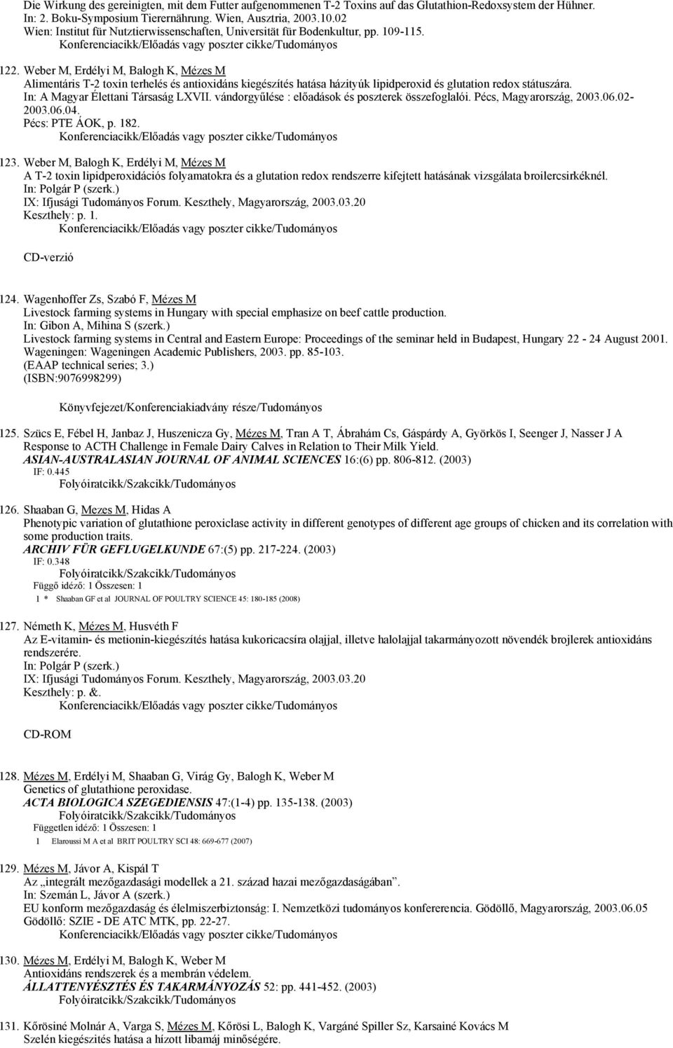Weber M, Erdélyi M, Balogh K, Mézes M Alimentáris T-2 toxin terhelés és antioxidáns kiegészítés hatása házityúk lipidperoxid és glutation redox státuszára. In: A Magyar Élettani Társaság LXVII.