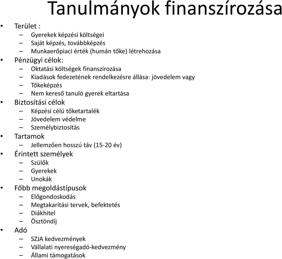 célok Képzési célú tőketartalék Jövedelem védelme Személybiztosítás Tartamok Jellemzően hosszú táv (15-20 év) Érintett személyek Szülők Gyerekek Unokák