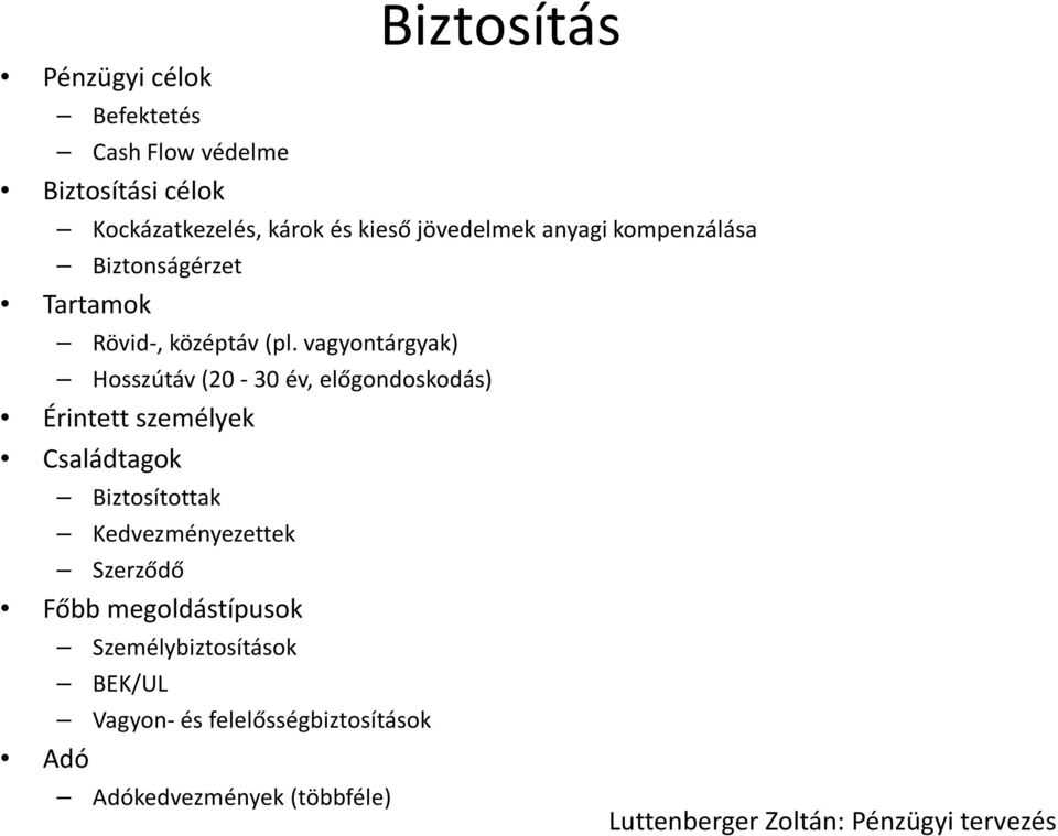 vagyontárgyak) Hosszútáv (20-30 év, előgondoskodás) Érintett személyek Családtagok Biztosítottak Kedvezményezettek