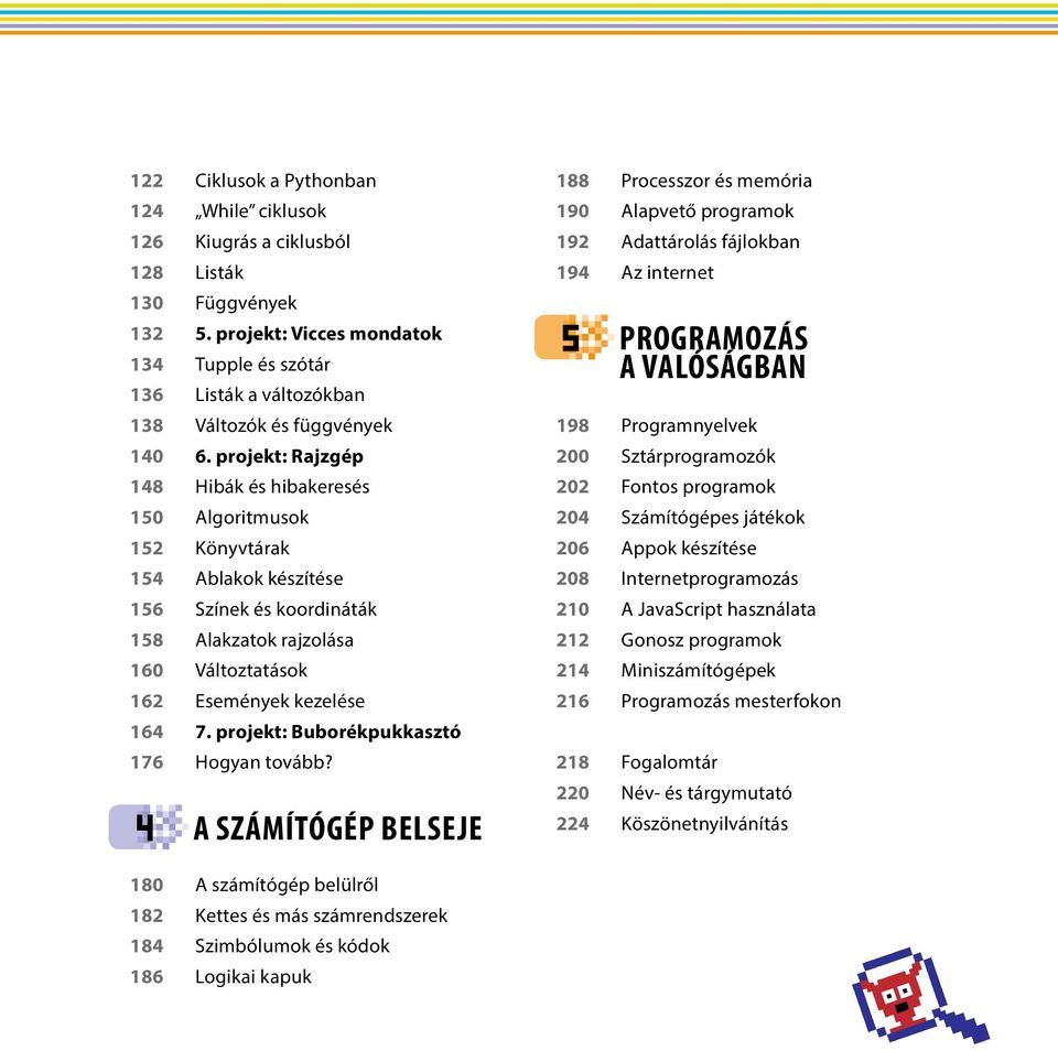 projekt: Rajzgép 148 Hibák és hibakeresés 150 Algoritmusok 152 Könyvtárak 154 Ablakok készítése 156 Színek és koordináták 158 Alakzatok rajzolása 160 Változtatások 162 Események kezelése 164 7.