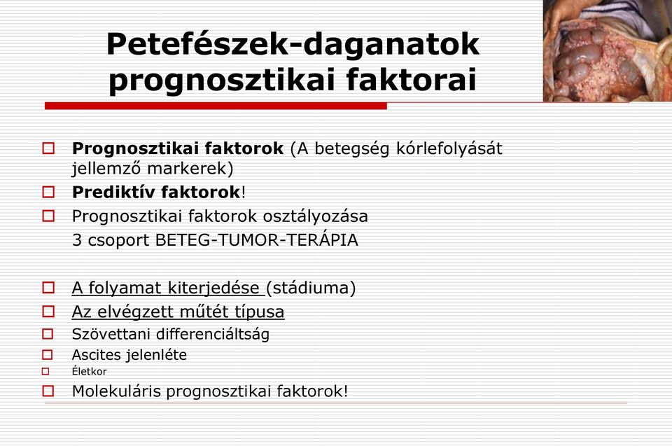 Prognosztikai faktorok osztályozása 3 csoport BETEG-TUMOR-TERÁPIA A folyamat