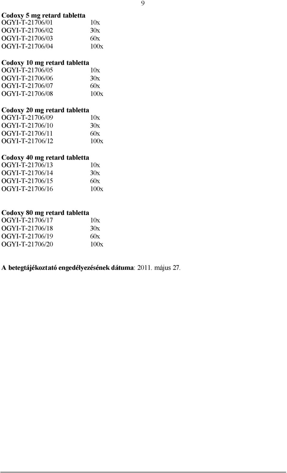 OGYI-T-21706/11 OGYI-T-21706/12 Codoxy 40 mg retard tabletta OGYI-T-21706/13 OGYI-T-21706/14 OGYI-T-21706/15 OGYI-T-21706/16 Codoxy