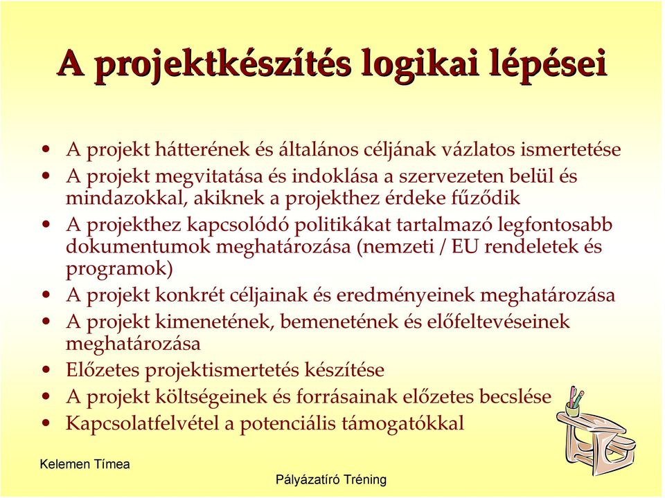 meghatározása (nemzeti / EU rendeletek és programok) A projekt konkrét céljainak és eredményeinek meghatározása A projekt kimenetének, bemenetének és
