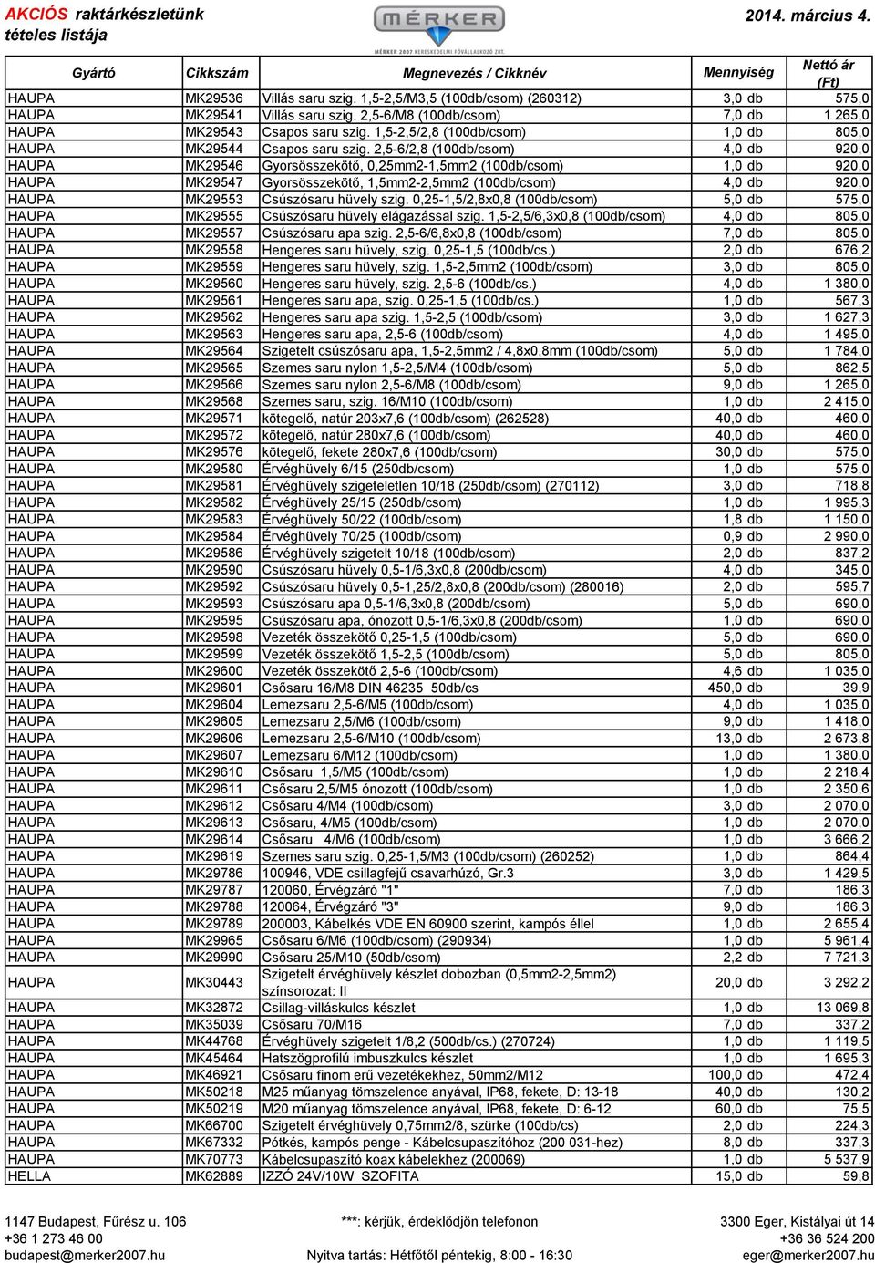 2,5-6/2,8 (100db/csom) 4,0 db 920,0 HAUPA MK29546 Gyorsösszekötő, 0,25mm2-1,5mm2 (100db/csom) 1,0 db 920,0 HAUPA MK29547 Gyorsösszekötő, 1,5mm2-2,5mm2 (100db/csom) 4,0 db 920,0 HAUPA MK29553