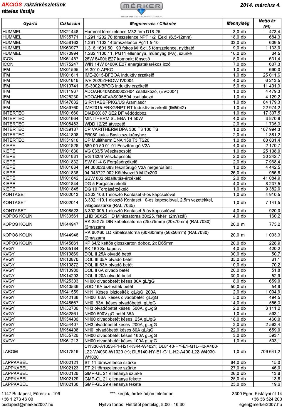 11, PG11 ellenanya, műanyag (PA), szürke 10,0 db 34,5 ICON MK61457 26W 6400k E27 kompakt fénycső 5,0 db 631,4 ICON MK75247 WIN 14W 6400K E27 energiatakarékos izzó 7,0 db 607,3 IFM MK01595 IA
