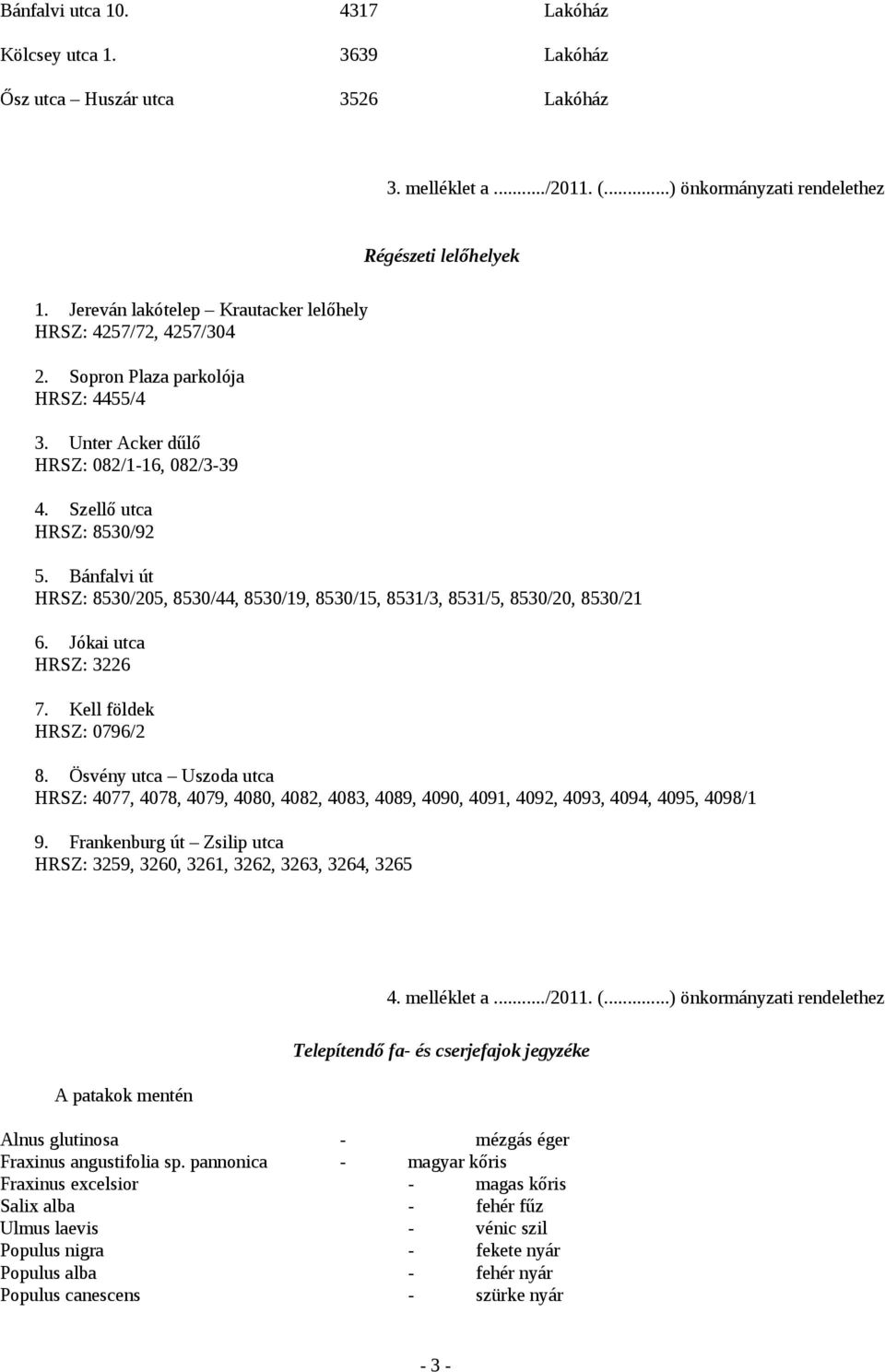 Bánfalvi út HRSZ: 8530/205, 8530/44, 8530/19, 8530/15, 8531/3, 8531/5, 8530/20, 8530/21 6. Jókai utca HRSZ: 3226 7. Kell földek HRSZ: 0796/2 8.