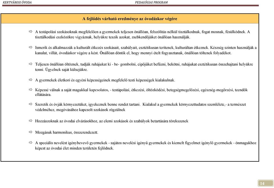 Ismerik és alkalmazzák a kulturált étkezés szokásait, szabályait, esztétikusan terítenek, kulturáltan étkeznek. Készség szinten használják a kanalat, villát, óvodáskor végére a kést.