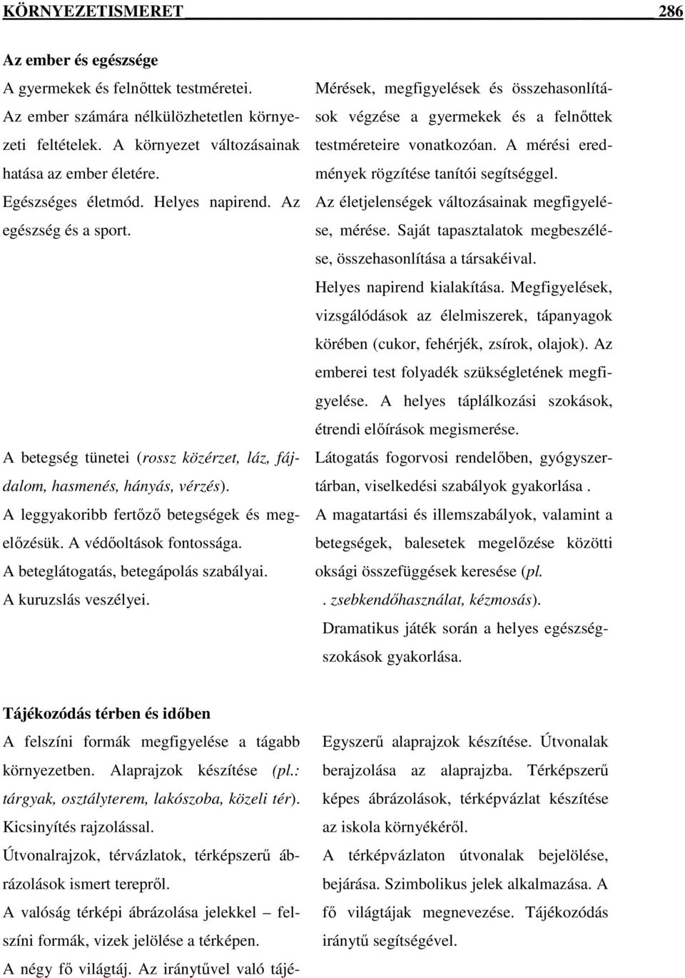 A védőoltások fontossága. A beteglátogatás, betegápolás szabályai. A kuruzslás veszélyei. Mérések, megfigyelések és összehasonlítások végzése a gyermekek és a felnőttek testméreteire vonatkozóan.