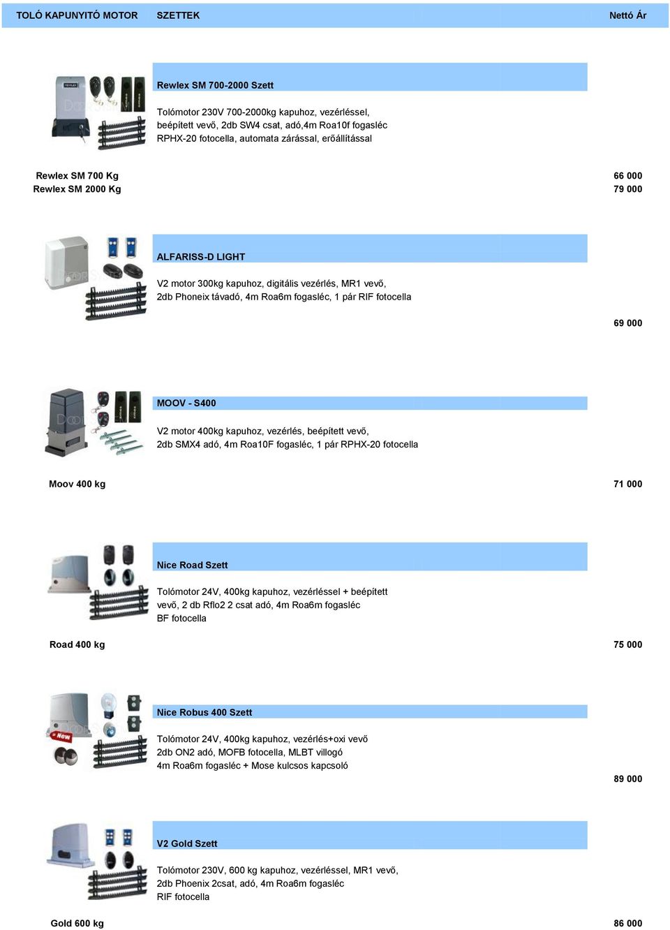 MOOV - S400 V2 motor 400kg kapuhoz, vezérlés, beépített vevő, 2db SMX4 adó, 4m Roa10F fogasléc, 1 pár RPHX-20 fotocella Moov 400 kg 71 000 Nice Road Szett Tolómotor 24V, 400kg kapuhoz, vezérléssel +