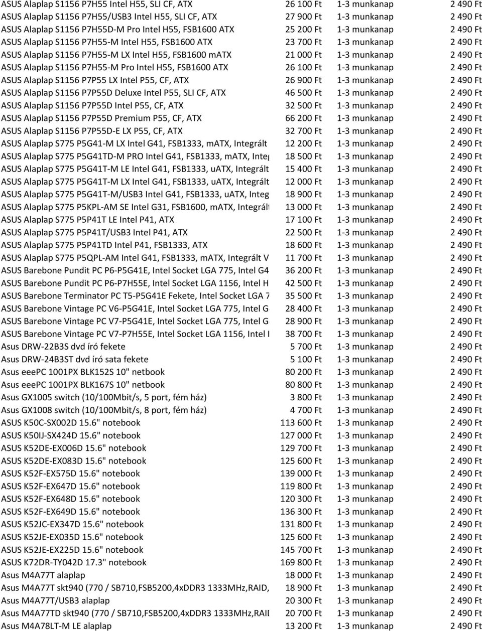 P7H55-M Pro Intel H55, FSB1600 ATX 26 100 Ft 1-3 munkanap ASUS Alaplap S1156 P7P55 LX Intel P55, CF, ATX 26 900 Ft 1-3 munkanap ASUS Alaplap S1156 P7P55D Deluxe Intel P55, SLI CF, ATX 46 500 Ft 1-3
