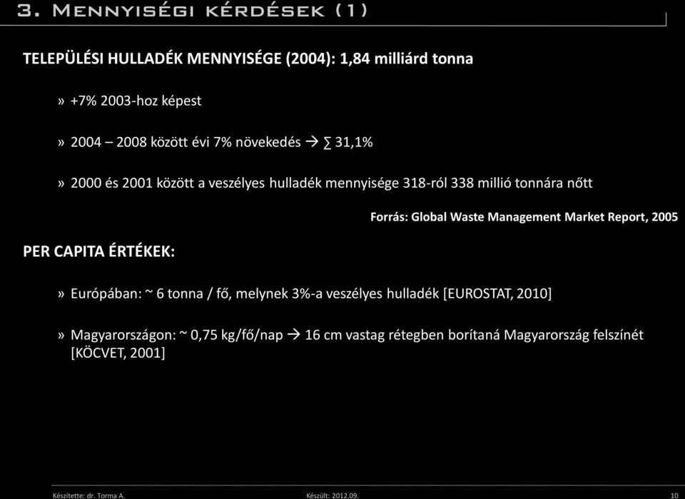 2001 között a veszélyes hulladék mennyisége 318-ról 338 millió tonnára nőtt PER CAPITA ÉRTÉKEK: Forrás: Global Waste Management