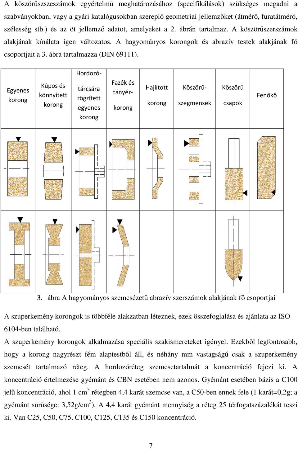 ábra tartalmazza (DIN 69111). Egyenes korong Kúpos és könnyített korong Hordozó- tárcsára rögzített egyenes korong Fazék és tányér- korong Hajlított korong Köszörű- szegmensek Köszörű csapok Fenőkő 3.