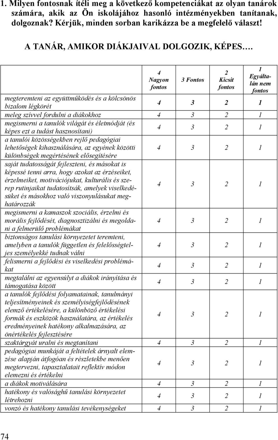 4 Nagyon 3 Fontos 2 Kicsit 1 Egyáltalán nem megteremteni az együttműködés és a kölcsönös bizalom légkörét meleg szívvel fordulni a diákokhoz megismerni a tanulók világát és életmódját (és képes ezt a