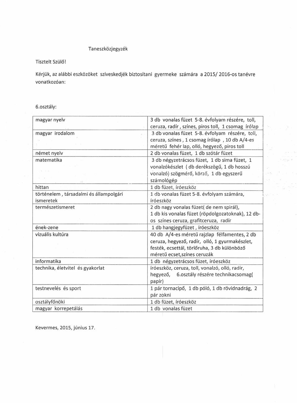 évfolyam részére, toll, ceruza, színes, 1 csomag írólap r 10 db A/4-es méretű fehér lap, olló, hegyező, piros toll német nyelv 2 db vonalas füzet, 1 db szótár füzet matematika 3 db négyzetrácsos