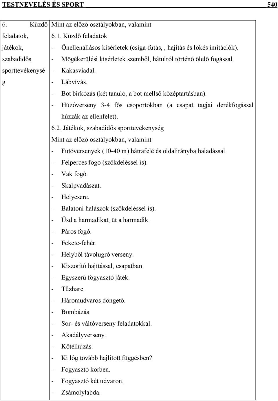 - Bot birkózás (két tanuló, a bot mellső középtartásban). - Húzóverseny 3-4 fős csoportokban (a csapat tagjai derékfogással húzzák az ellenfelet). 6.2.