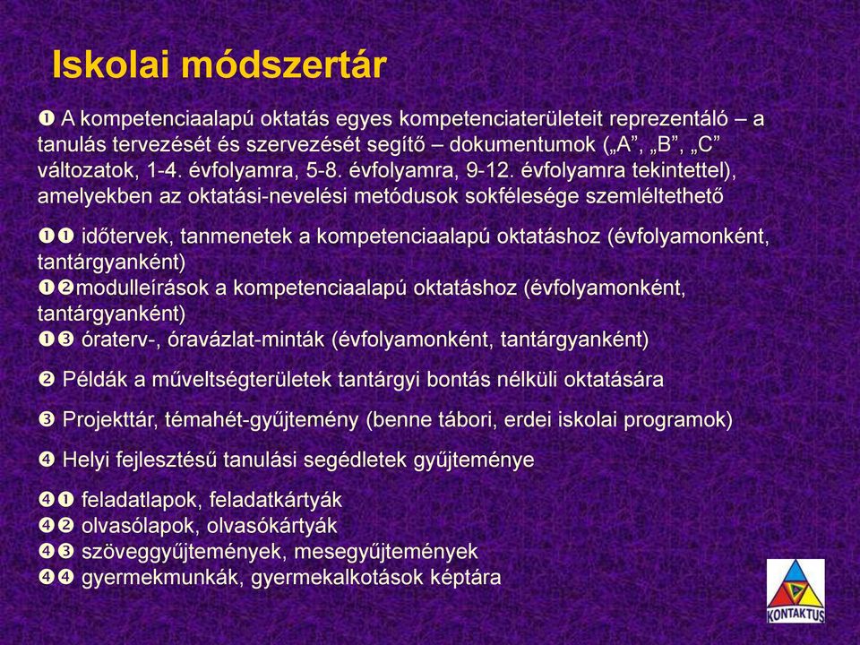 évfolyamra tekintettel), amelyekben az oktatási-nevelési metódusok sokfélesége szemléltethető időtervek, tanmenetek a kompetenciaalapú oktatáshoz (évfolyamonként, tantárgyanként) modulleírások a