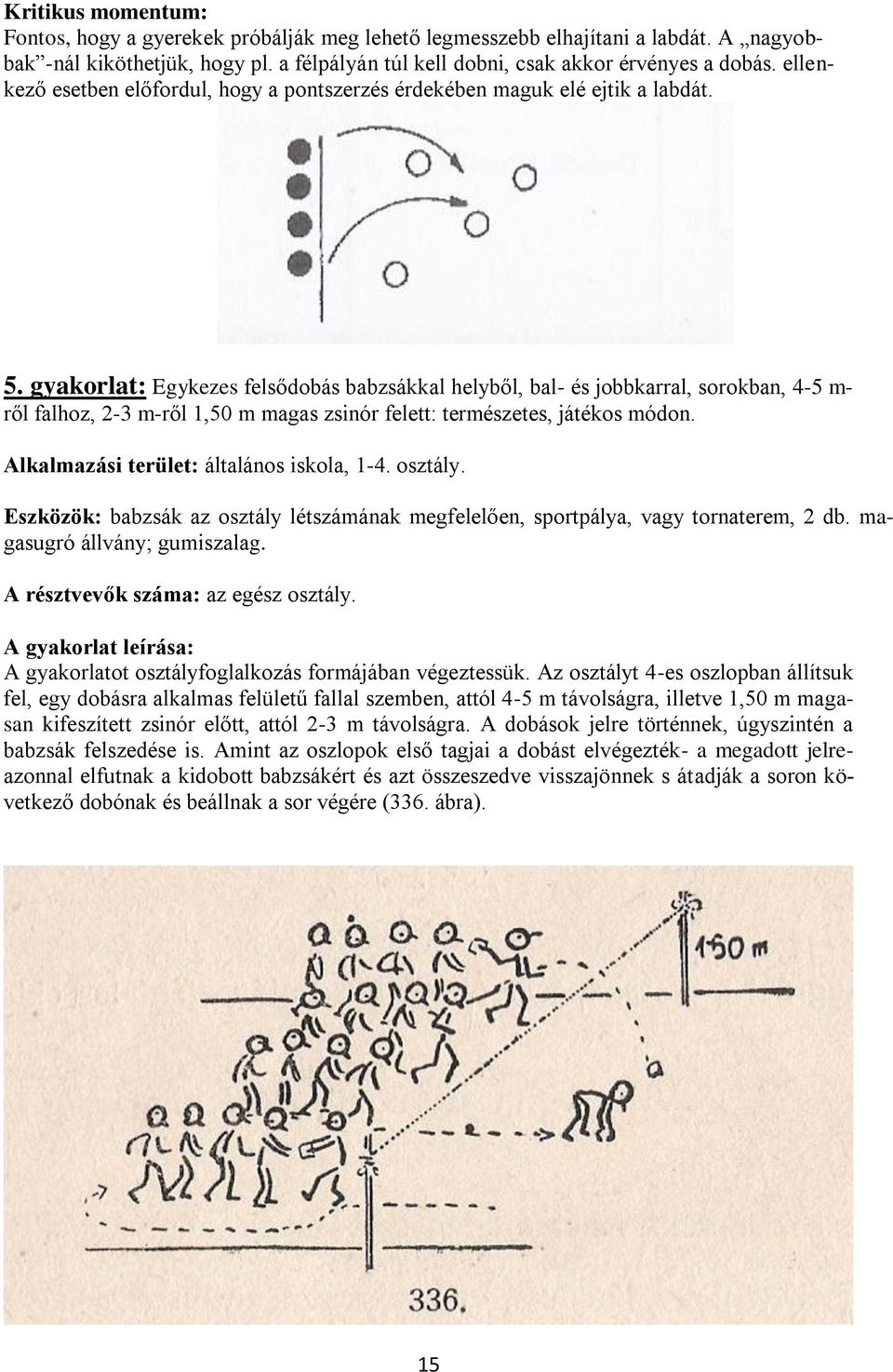 gyakorlat: Egykezes felsődobás babzsákkal helyből, bal- és jobbkarral, sorokban, 4-5 m- ről falhoz, 2-3 m-ről 1,50 m magas zsinór felett: természetes, játékos módon.