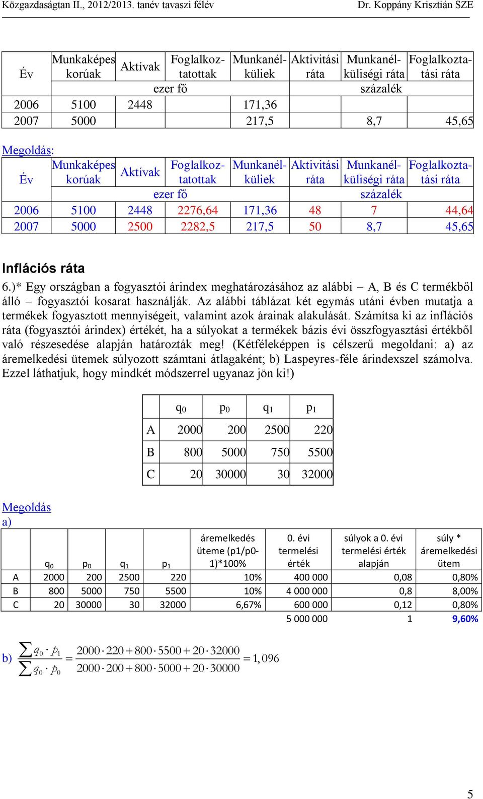 2282,5 217,5 50 8,7 45,65 Inflációs ráta 6.)* Egy országban a fogyasztói árindex meghatározásához az alábbi A, B és C termékből álló fogyasztói kosarat használják.