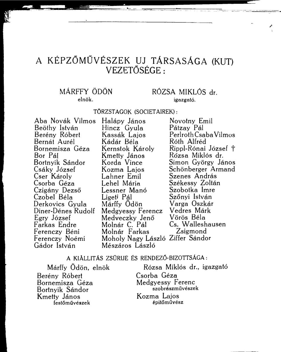 Egry József Farkas Endre Ferenczy Béni Ferenczy Noémi Gádor István TÖRZSTAGOK (SOCIETAIREK): Halápy János Novotny Emil Hincz Gyula Pátzay Pál Kassák Lajos Kádár Béla Perlroth Csaba Vilmos Róth Alfréd