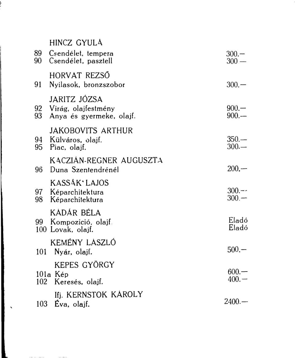 - KACZIÁN-REGNER AUGUSZTA 96 Duna Szentendrénél 200. KASSÁK'LAJOS 97 Képarchitektura 300. 98 Képarchitektura 300.