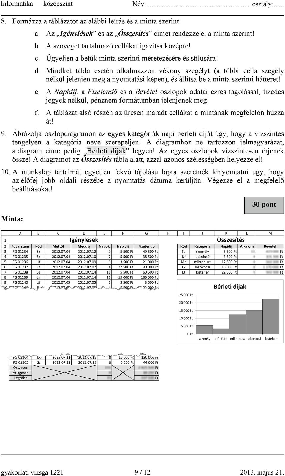 f. A táblázat alsó részén az üresen maradt cellákat a mintának megfelelőn húzza át! 9.