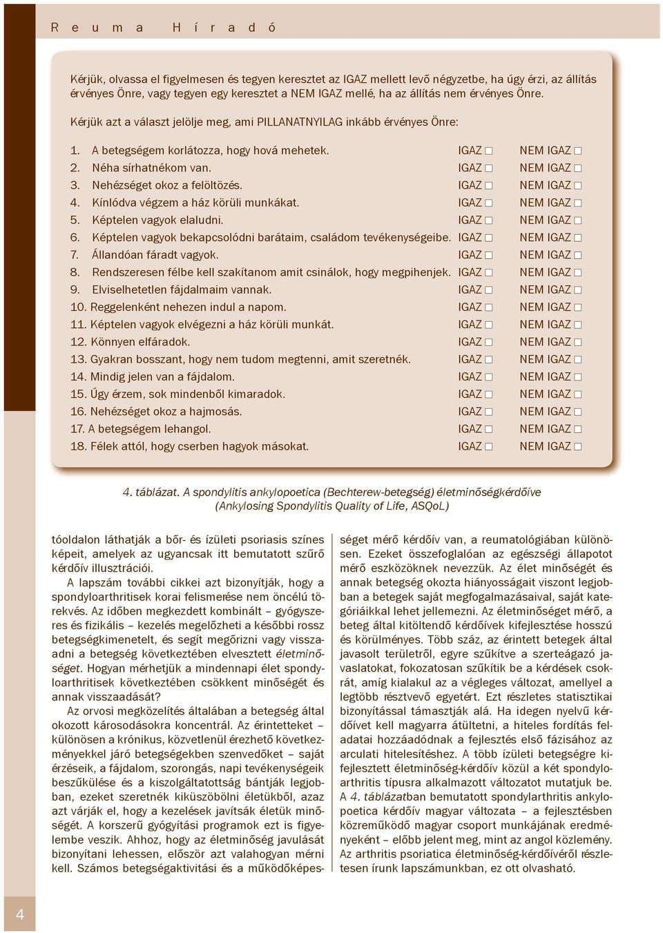 IGAZ NEM IGAZ 3. Nehézséget okoz a felöltözés. IGAZ NEM IGAZ 4. Kínlódva végzem a ház körüli munkákat. IGAZ NEM IGAZ 5. Képtelen vagyok elaludni. IGAZ NEM IGAZ 6.