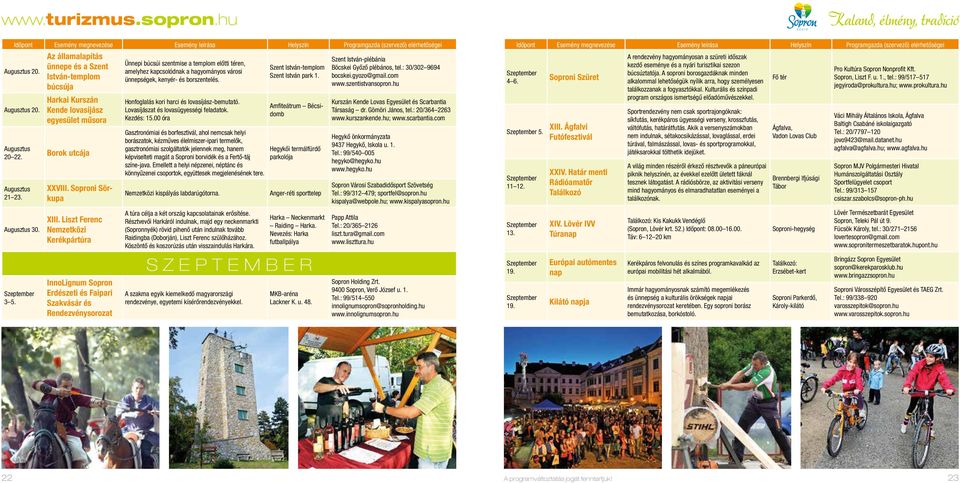 Nemzetközi Kerékpártúra InnoLignum Sopron Erdészeti és Faipari Szakvásár és Rendezvénysorozat Ünnepi búcsúi szentmise a templom előtti téren, amelyhez kapcsolódnak a hagyományos városi ünnepségek,