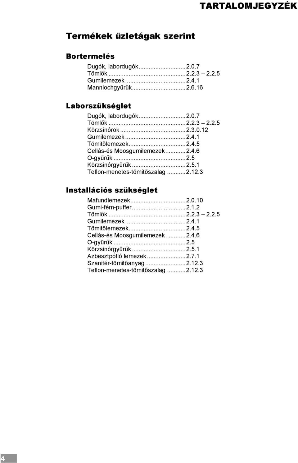 .. 2.5 Körzsinórgyűrűk... 2.5.1 Teflon-menetes-tömitőszalag... 2.12.3 Installációs szükséglet Mafundlemezek... 2.0.10 Gumi-fém-puffer... 2.1.2 Tömlők... 2.2.3 2.2.5 Gumilemezek.