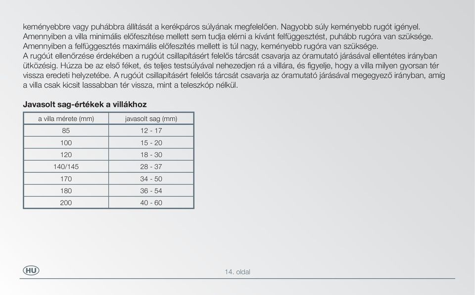 Amennyiben a felfüggesztés maximális előfeszítés mellett is túl nagy, keményebb rugóra van szüksége.