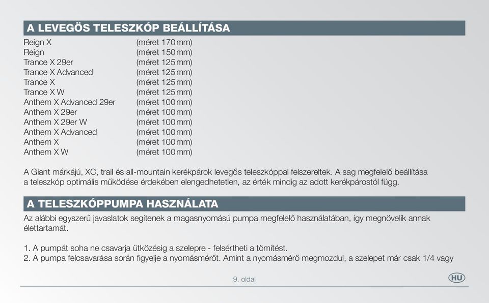 all-mountain kerékpárok levegős teleszkóppal felszereltek. A sag megfelelő beállítása a teleszkóp optimális működése érdekében elengedhetetlen, az érték mindig az adott kerékpárostól függ.