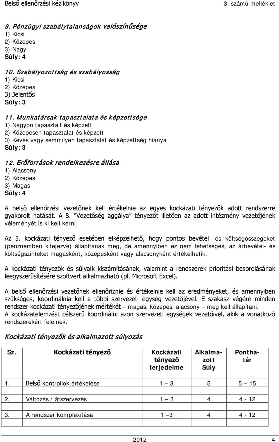 Erőforrások rendelkezésre állása 1) Alacsony 2) Közepes 3) Magas Súly: 4 A belső ellenőrzési vezetőnek kell értékelnie az egyes kockázati tényezők adott rendszerre gyakorolt hatását. A 8.