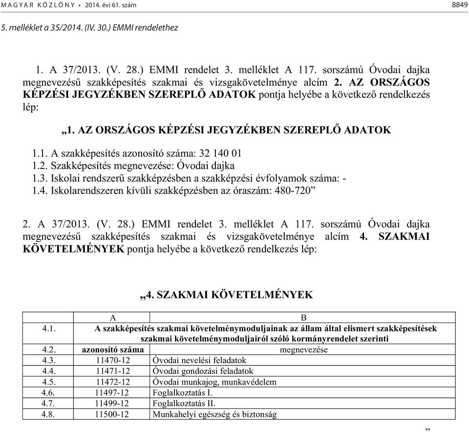 AZ ORSZÁGOS KÉPZÉSI JEGYZÉKBEN SZEREPL ADATOK 1.1. A szakképesítés azonosító száma: 32 140 01 1.2. Szakképesítés megnevezése: Óvodai dajka 1.3. Iskolai rendszer szakképzésben a szakképzési évfolyamok száma: - 1.