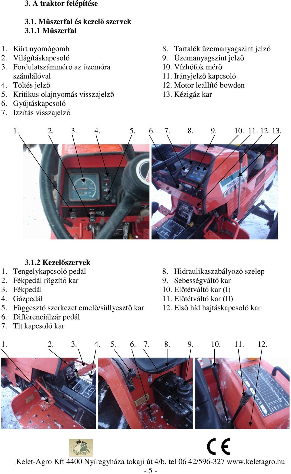 Motor leállító bowden 13. Kézigáz kar 1. 2. 3. 4. 5. 6. 7. 8. 9. 10. 11. 12. 13. 3.1.2 Kezelőszervek 1. Tengelykapcsoló pedál 2. Fékpedál rögzítő kar 3. Fékpedál 4. Gázpedál 5.