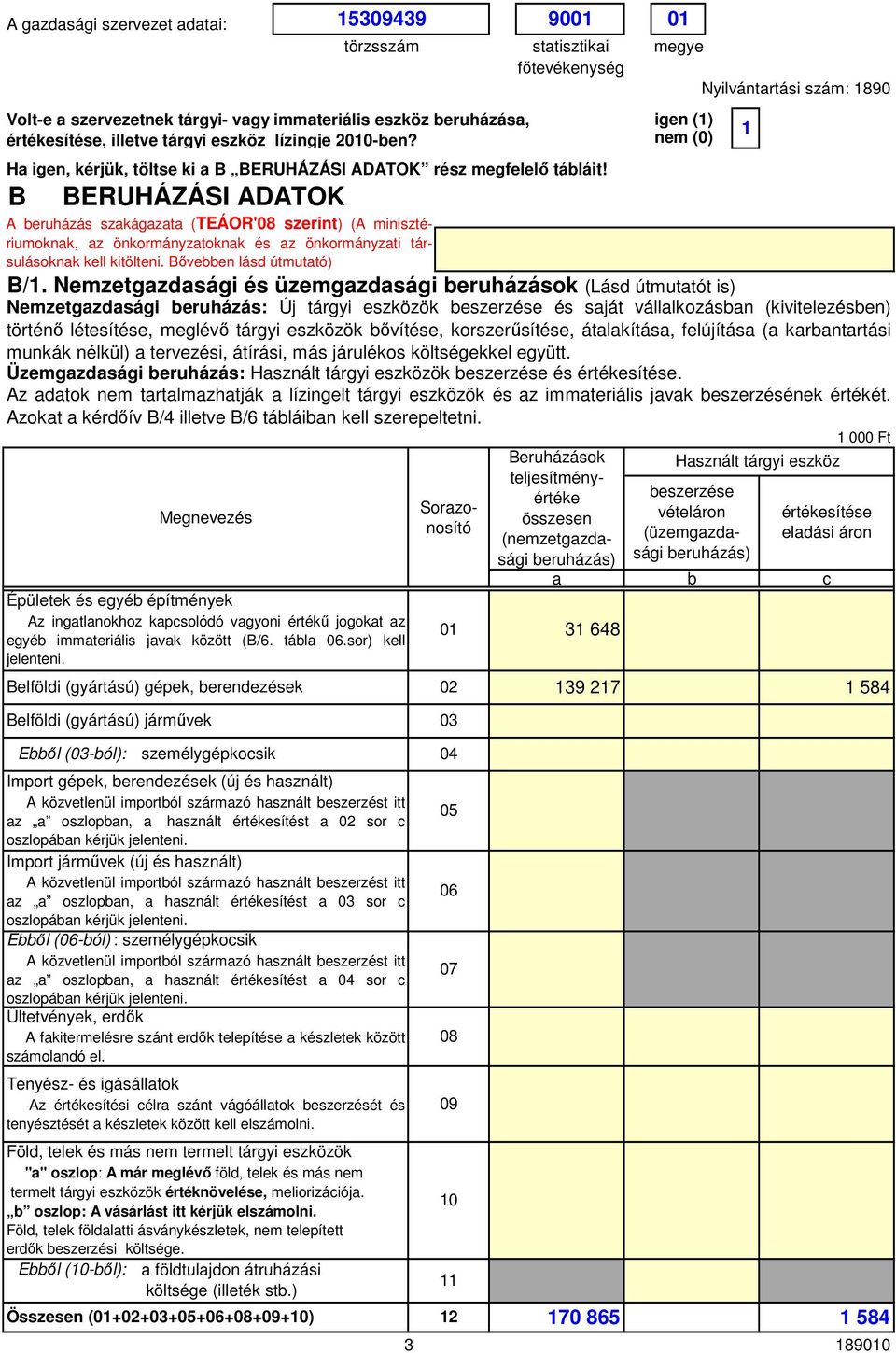 B BERUHÁZÁSI ADATOK A eruházás szkágzt (TEÁOR'8 szerint) (A minisztériumoknk, z önkormányztoknk és z önkormányzti társulásoknk kell kitölteni. Bőveen lásd útmuttó) 1539439 91 1 B/1.