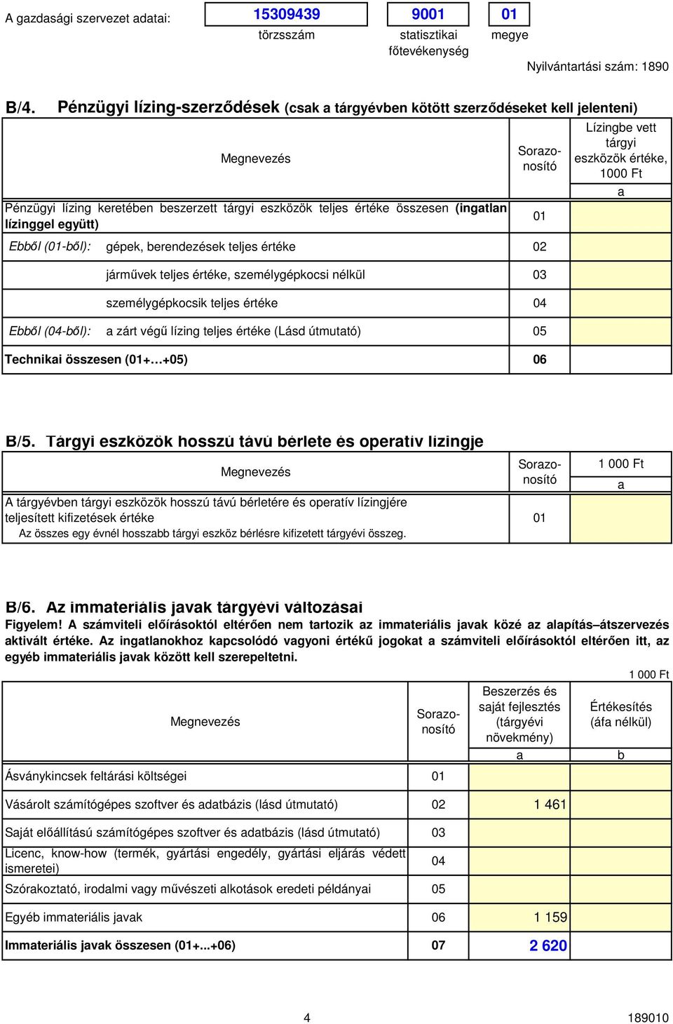 Sorzonosító Eől (1-ől): gépek, erendezések teljes értéke 2 járművek teljes értéke, személygépkocsi nélkül 3 személygépkocsik teljes értéke 4 Eől (4-ől): zárt végű lízing teljes értéke (Lásd útmuttó)