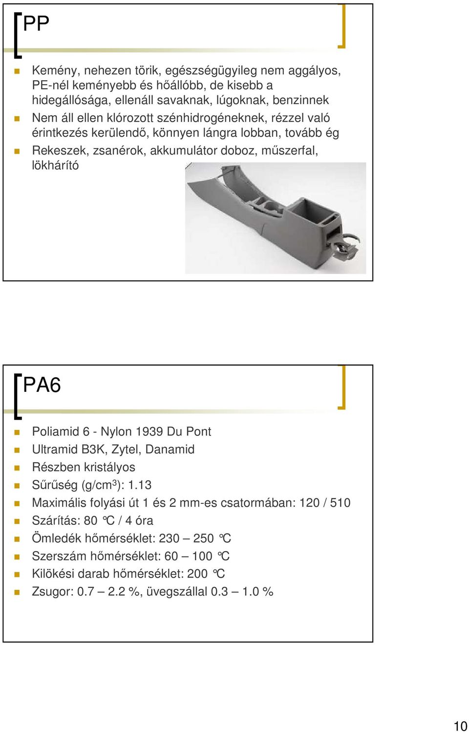 PA6 Poliamid 6 - Nylon 1939 Du Pont Ultramid B3K, Zytel, Danamid Részben kristályos Sőrőség (g/cm 3 ): 1.