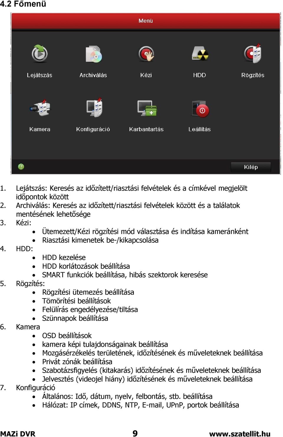 Kézi: Ütemezett/Kézi rögzítési mód választása és indítása kameránként Riasztási kimenetek be-/kikapcsolása 4.