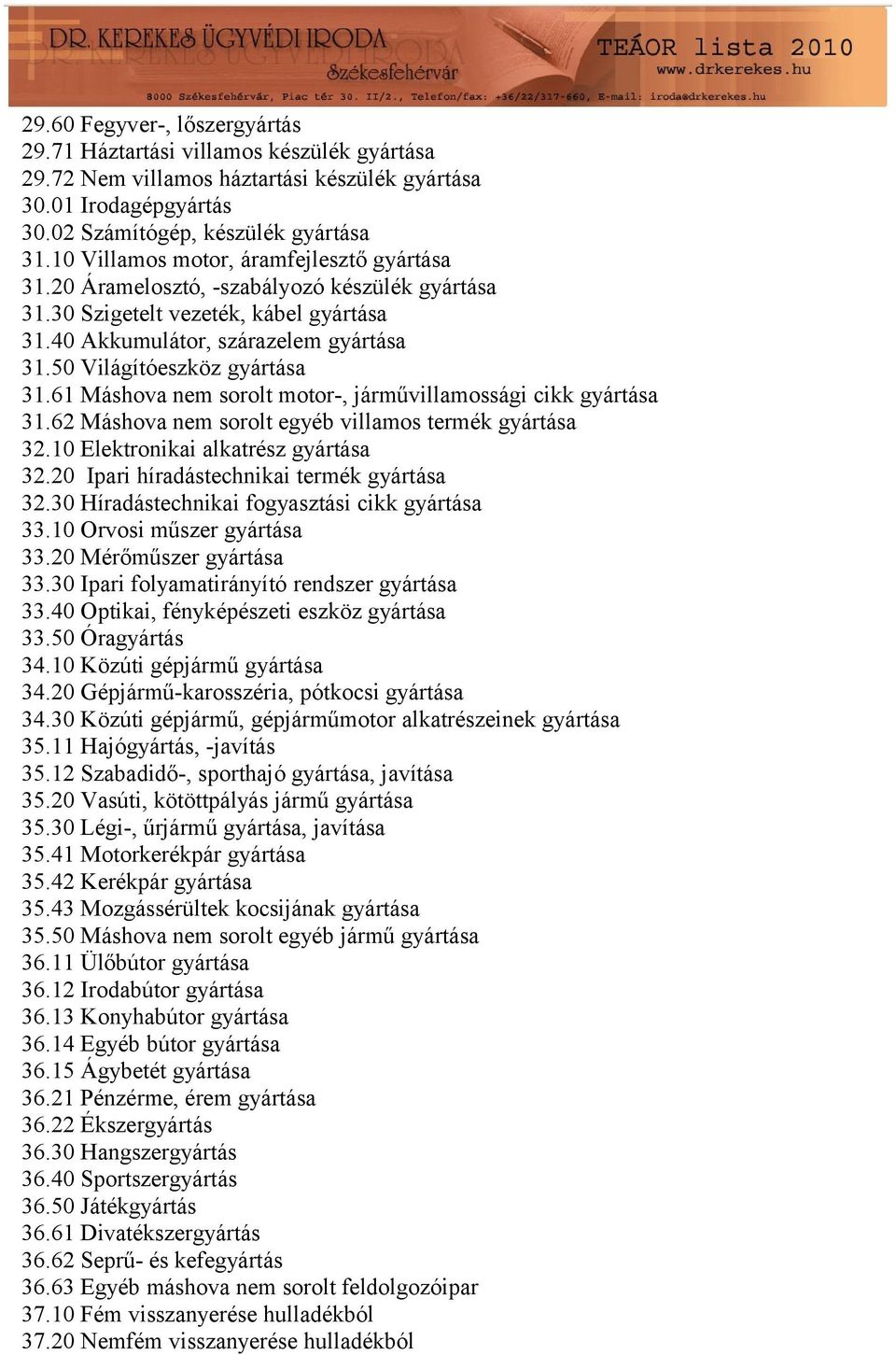 50 Világítóeszköz gyártása 31.61 Máshova nem sorolt motor-, járművillamossági cikk gyártása 31.62 Máshova nem sorolt egyéb villamos termék gyártása 32.10 Elektronikai alkatrész gyártása 32.