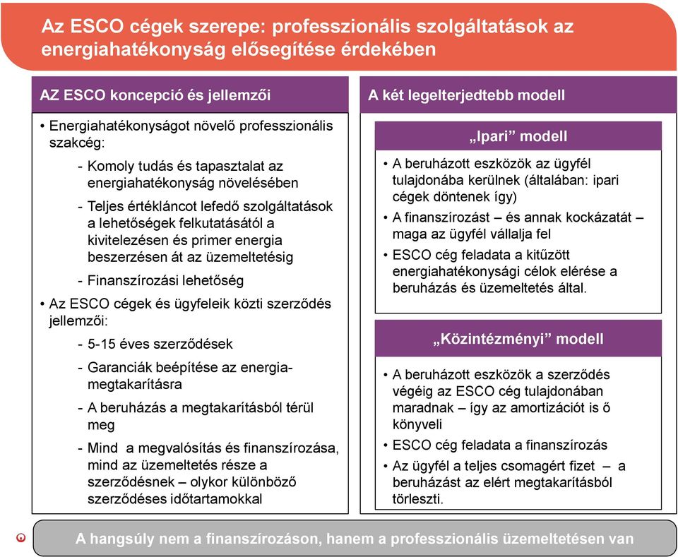 ESCO cégek és ügyfeleik közti szerződés jellemzői: - 5-15 éves szerződések - Garanciák beépítése az energiamegtakarításra - A beruházás a megtakarításból térül meg - Mind a megvalósítás és