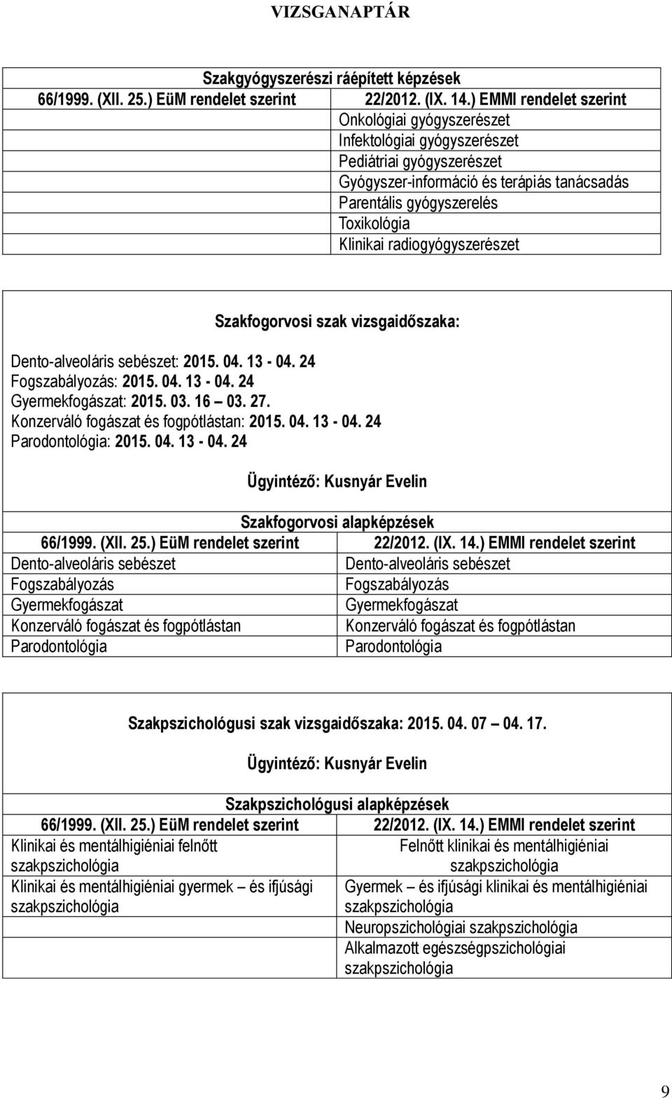 Konzerváló fogászat és fogpótlástan: 2015. 04. 13-04.