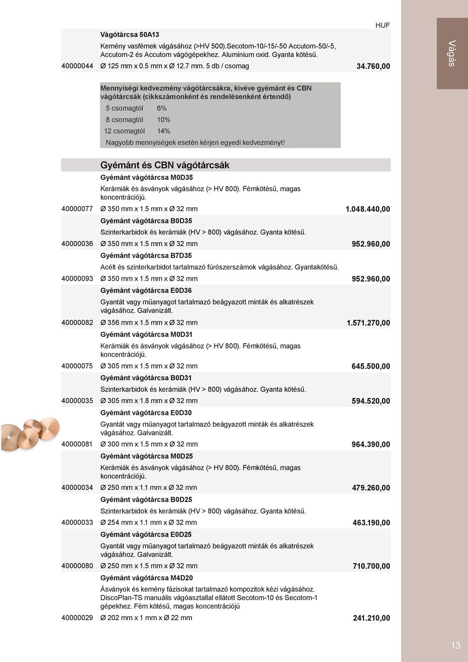 760,00 Vágás Mennyiségi kedvezmény vágótárcsákra, kivéve gyémánt és CBN vágótárcsák (cikkszámonként és rendelésenként értendő) 5 csomagtól 6% 8 csomagtól 10% 12 csomagtól 14% Nagyobb mennyiségek